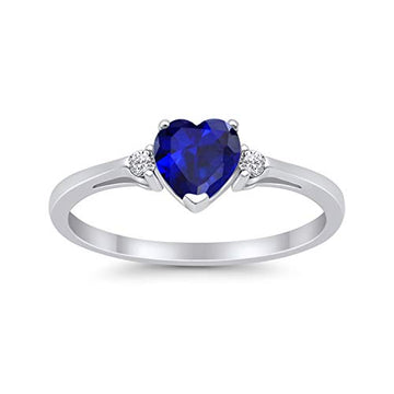 3-Stone Heart Promise Ring Simulated Blue Sapphire Round Cubic Zirconia 925 Sterling Silver
